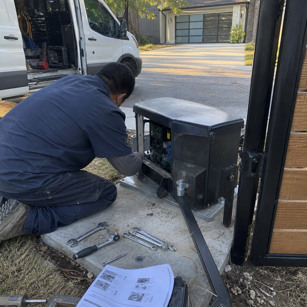 Technician performing maintenance on an electric gate opener motor unit