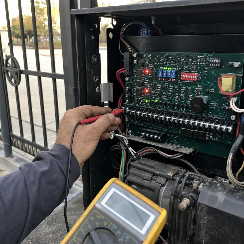 Technician using a multimeter to repair an electric gate control board
