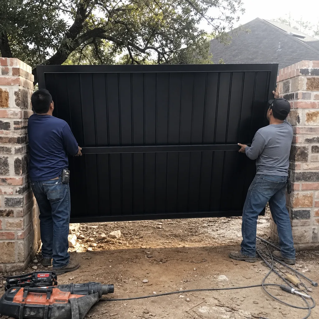 Two professional workers installing a large black metal driveway gate.