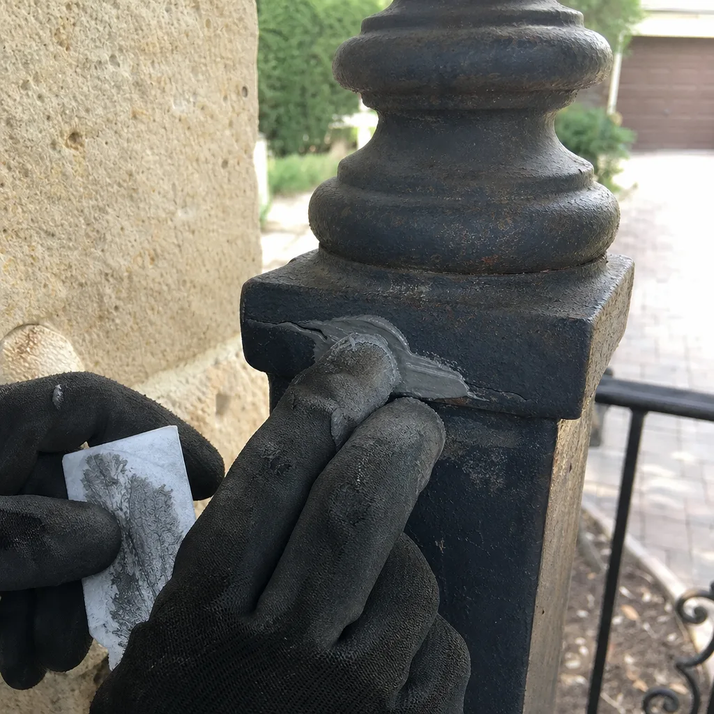 Professional applying epoxy filler to repair a crack in a metal gate