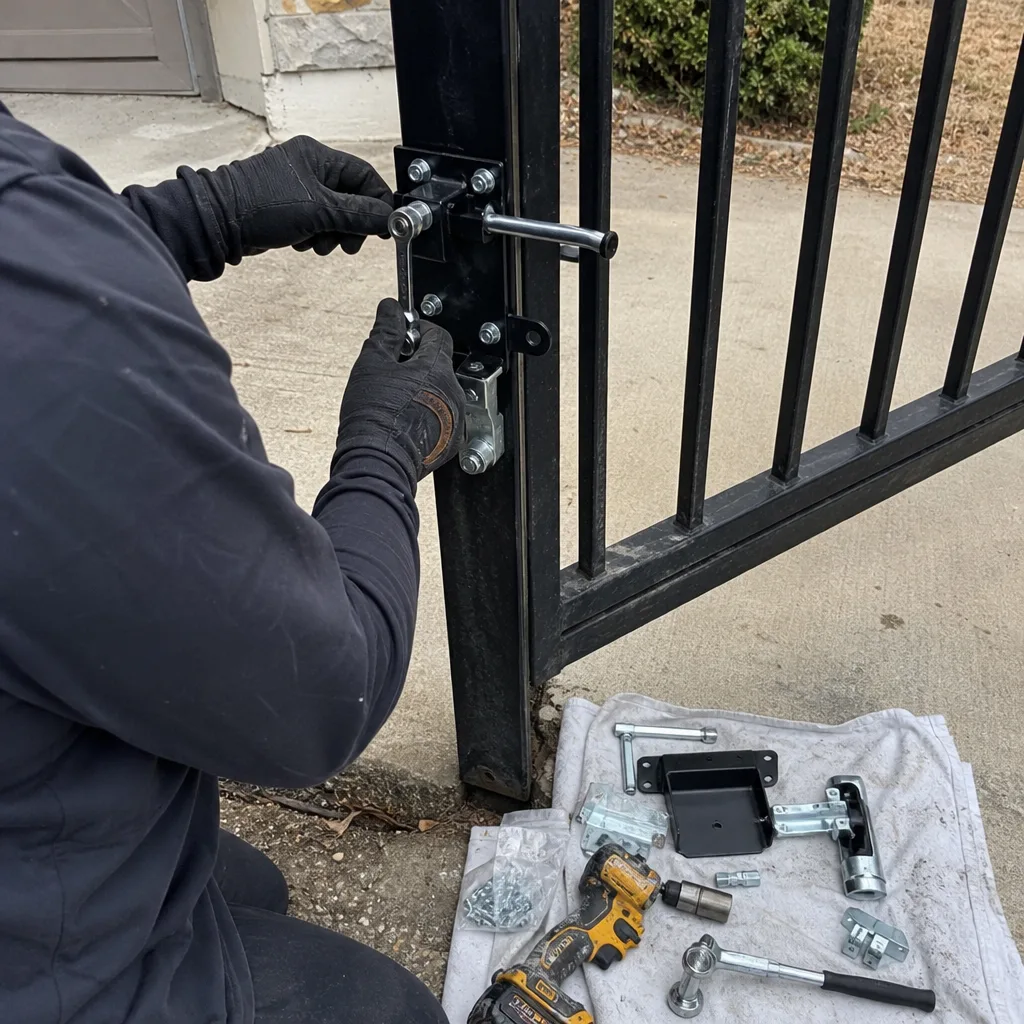 Technician repairing a black metal gate latch with tools